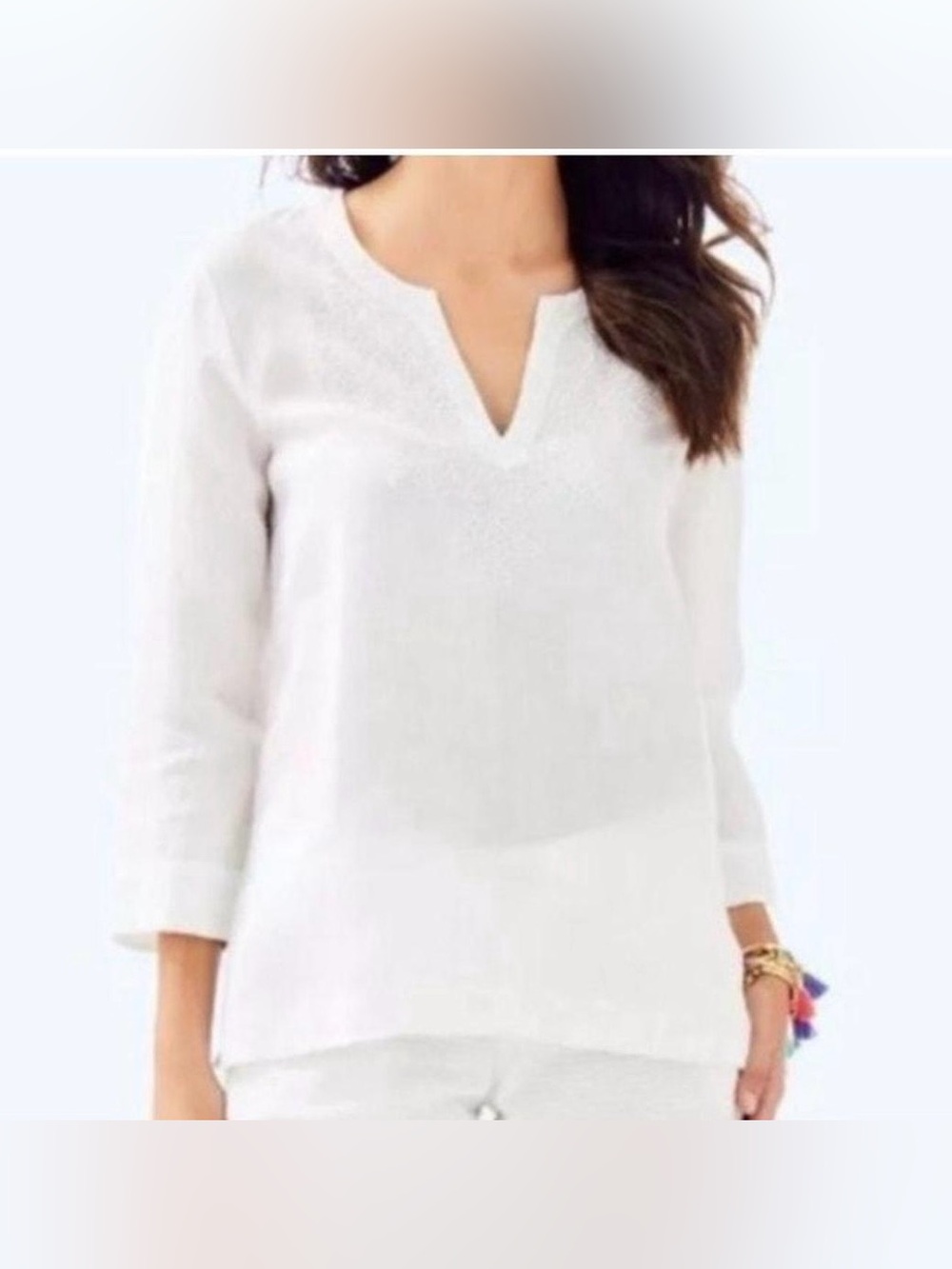 Lauren Ralph Lauren White Split-V Tunic 100% Linen Top Light Casual Size S